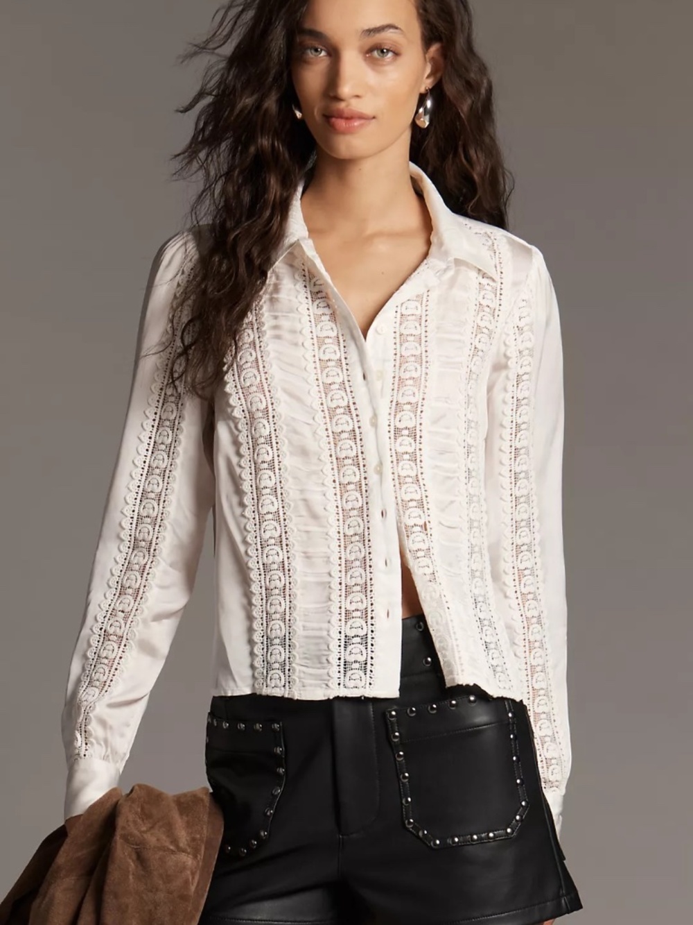 NWT By Anthropologie Lace Mix Button Down Blouse S